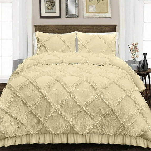Luxury Diamond Ruffle Duvet Cover 5 Piece Set with Zipper, 400 Thread Count & 100% Egyptian Cotton, Luxury Design and Quilts Protector with Pillowcases - Ivory Solid, King Size.