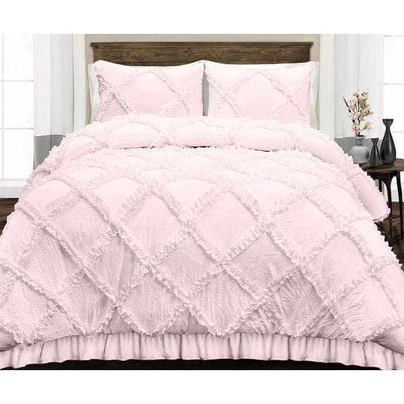 Luxury Diamond Ruffle Duvet Cover 5 Piece Set with Zipper, 400 Thread Count & 100% Egyptian Cotton, Luxury Design and Quilts Protector with Pillowcases - Pink Solid, Super King Plus Size.