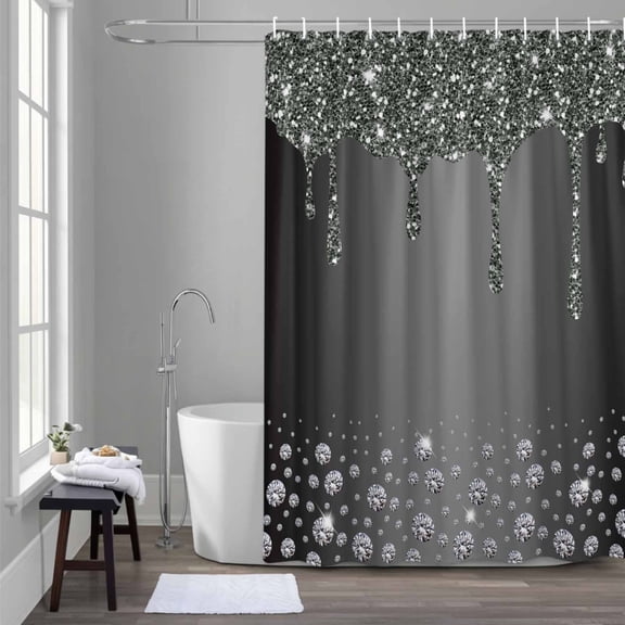 Luxury Diamond Shower Curtain for Bathroom Decor, Shinning Grey Gradient Modern Art Waterproof Fabric Shower Curtain, 36"x72" Set with 12 Hooks