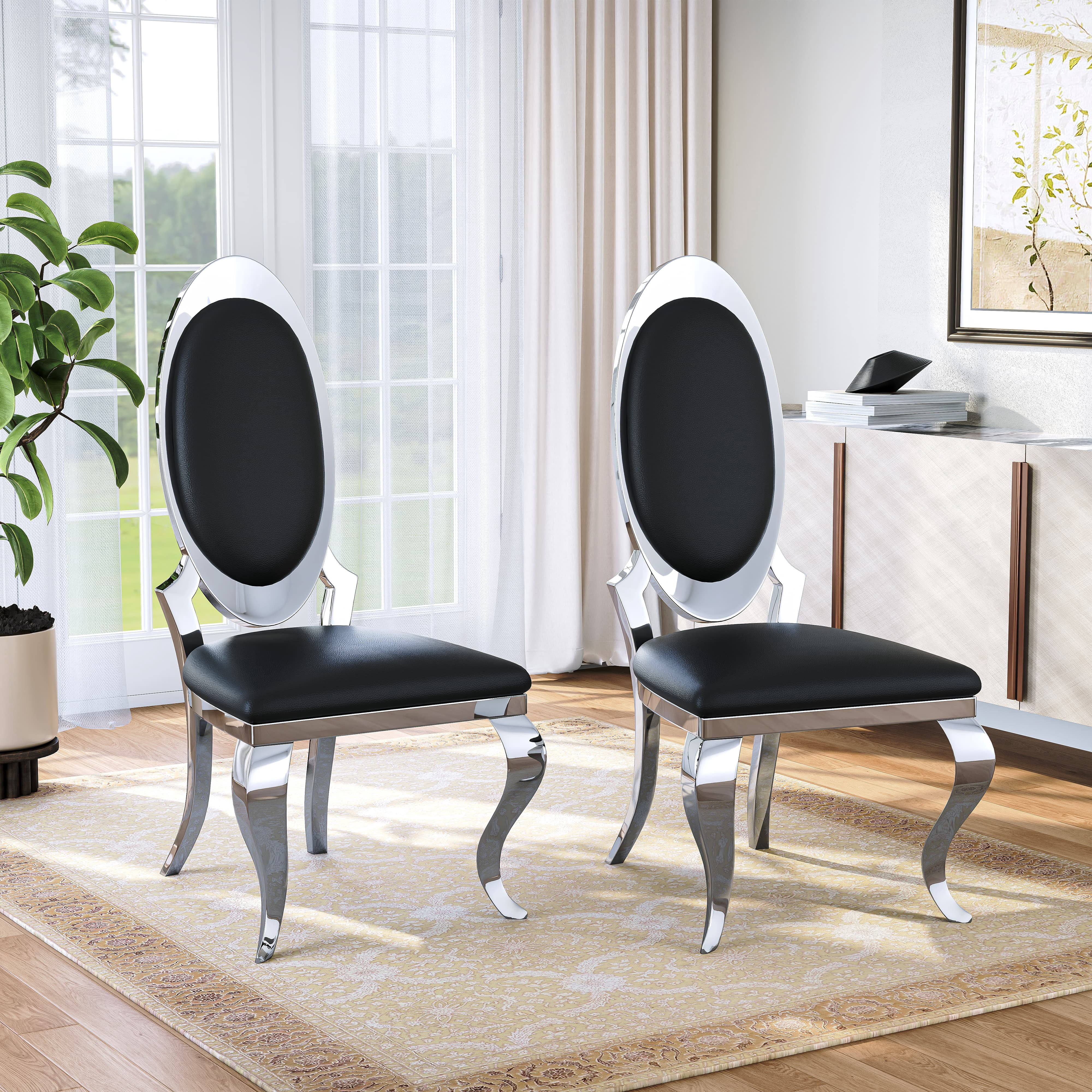 Luxury Dining Chairs Set of 2, Oval Back PU Upholstered Chairs with Stainless Steel Cabriole Legs, Dining Chairs for Kitchen, Living Room, Office