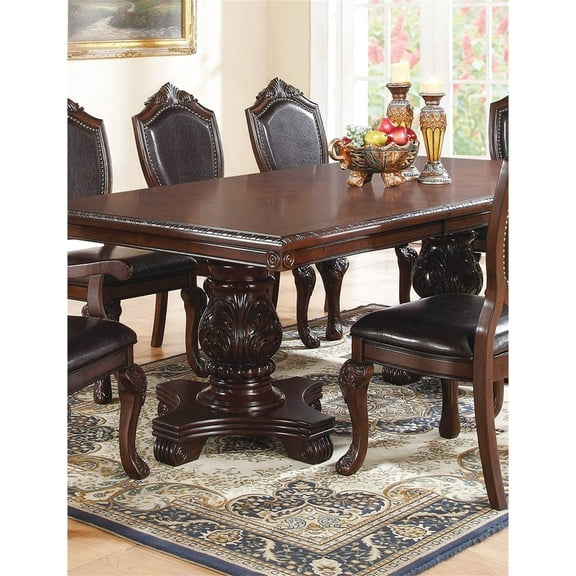 Luxury Dining Table With Leaf - Rectangular, Double Pedestal Base In Rubberwood For Formal Room Pedestal, Dark Brown