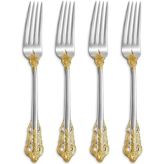 Luxury Dinner Fork, Set of 4, 18/10 Stainless Steel, 8 Inches, Dishwasher Safe, Mirror Polished, Silverware Fork Set (Gold Accent)