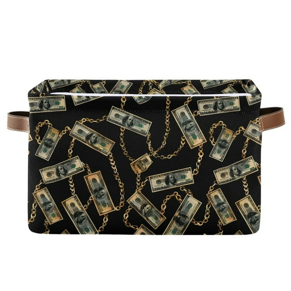 Luxury Dollar Bill Chain Storage Bins with Handle Fabric Organizer Basket Foldable Box 1 Pack 14.2x10.2x8.3