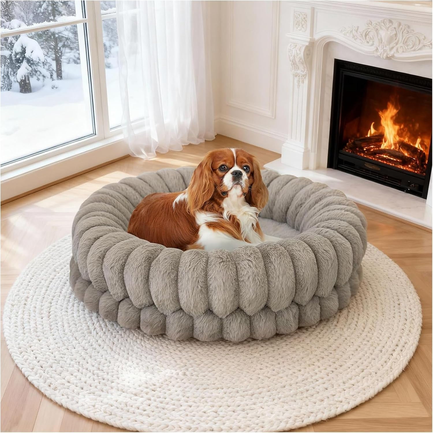 Luxury Donut Dog Bed, 24 Inches Round Dog Beds for Small Dogs Washable, Orthopedic Calming Pet Bed for Puppy and Cats with Anti-Slip Bottom (Oatmeal)