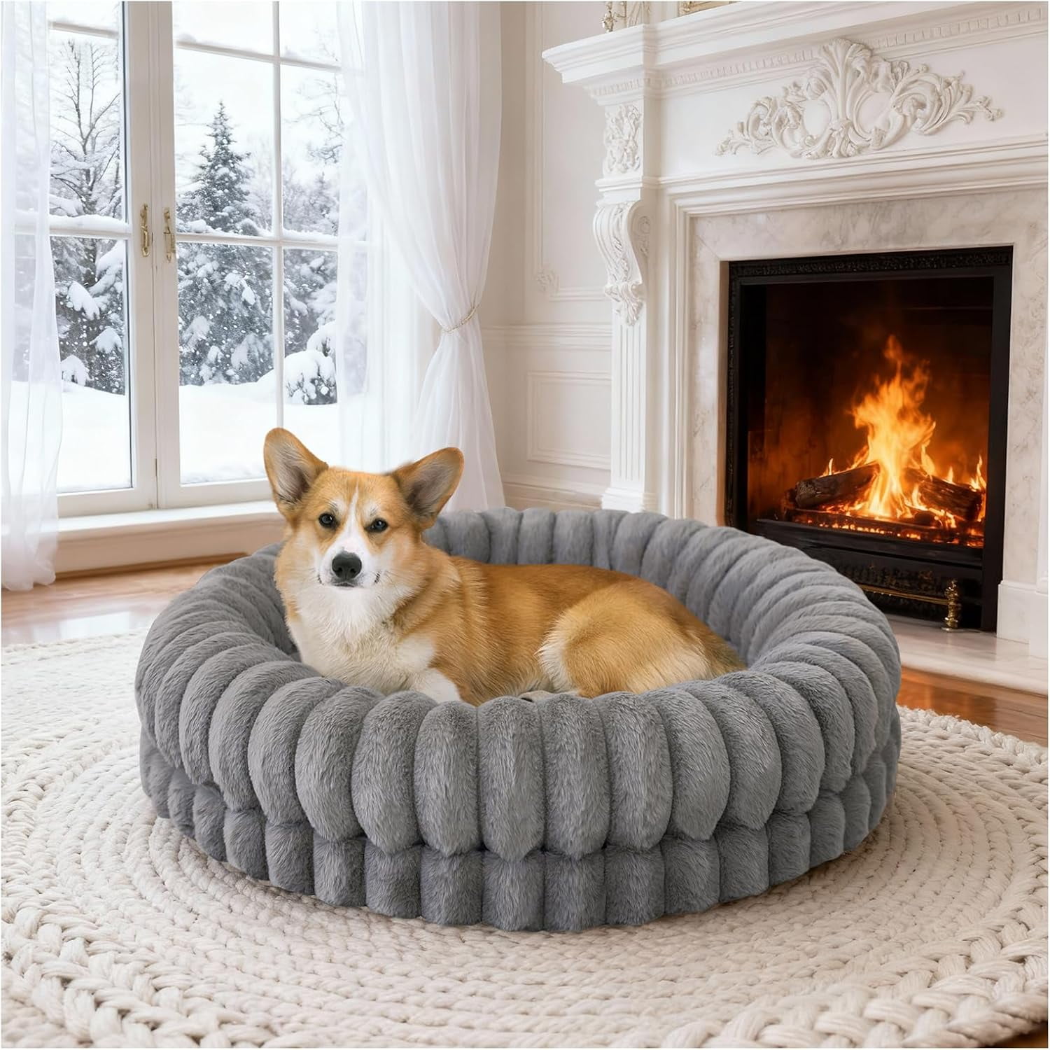 Luxury Donut Dog Bed, 30 Inches Round Dog Bed Medium Size Dogs Washable, Orthopedic Calming Dogs Bed for Pets with Anti-Slip Bottom, Gray