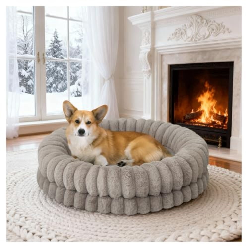Luxury Donut Dog Bed, 30 Inches Round Dog Bed Medium Size Dogs Washable, Orthopedic Calming Dogs Bed for Pets with Anti-Slip Bottom, Oatmeal