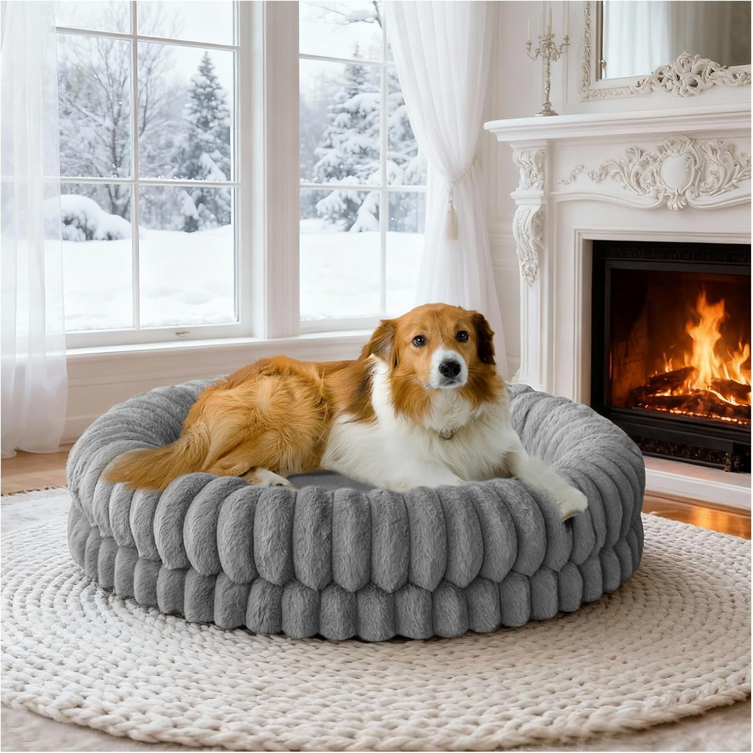Luxury Donut Dog Bed, 36 Inches Round Dog Beds Large Sized Dogs Washable, Orthopedic Calming Dogs Bed for Pets with Anti-Slip Bottom, Gray