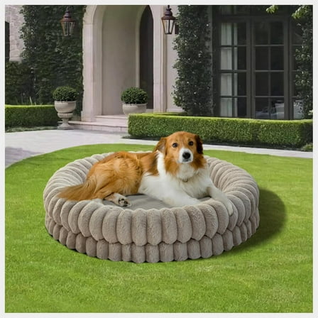 Luxury Donut Dog Bed, 36 Inches Round Dog Beds Large Sized Dogs Washable, Orthopedic Calming Dogs Bed for Pets with Anti-Slip Bottom, Oatmeal