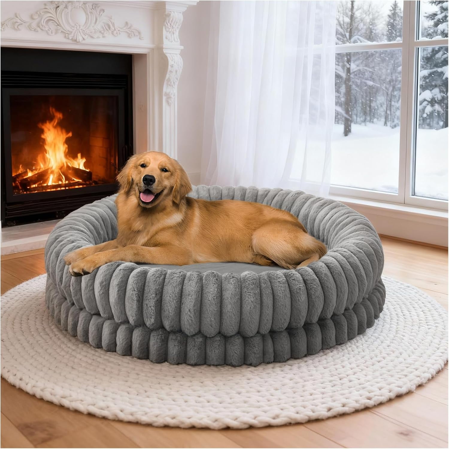 Luxury Donut Dog Bed, 43 Inches Round Dog Beds Large Sized Dogs Washable, Orthopedic Calming Dogs Bed for Pets with Anti-Slip Bottom, Gray