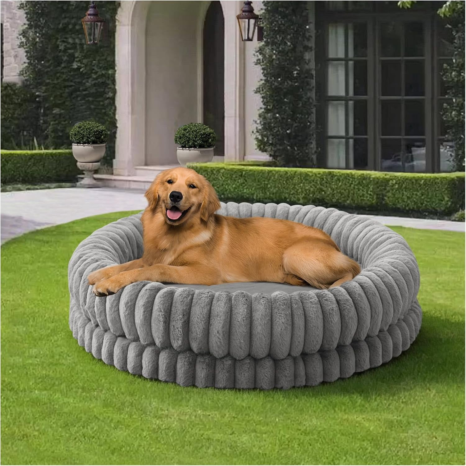 Luxury Donut Dog Bed, 43 Inches Round Dog Beds Large Sized Dogs Washable, Orthopedic Calming Dogs Bed for Pets with Anti-Slip Bottom, Gray