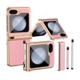 thumbnail image 1 of Luxury Double Hinge Protection Case Compatible with Samsung Galaxy Z Flip 5 5G with S Pen & Holder, Full Body Protective PU Leather + Plating PC Cover for Samsung Galaxy Z Flip 5, Gold + Pink, 1 of 7