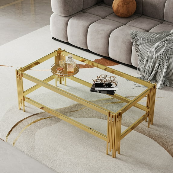 Luxury Double Layer Tempered Glass Coffee Table In Gold, Stainless Steel Mirror Finish Frame, More Storage, Easy To Maintain Clean, Quick Installation Steps Frame With Finish, , Spacious Cleaning