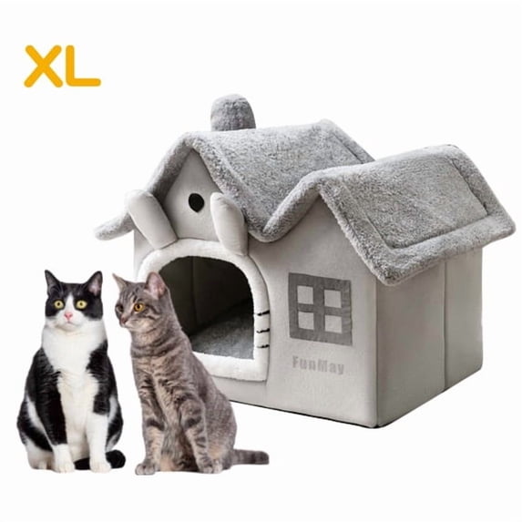 Luxury Double Roof Indoor Dog House Cat Nest,Foldable Warm Soft Kennel,30D High Elastic Memory Sponge,Removable Cushion and Non-Slip Bottom (Grey Double Roof, XL)