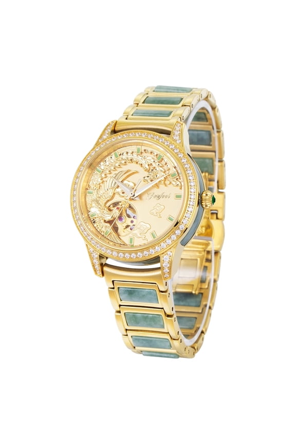 Luxury Dragon Phoenix Automatic Couple Mechanical Watch, Gold Tone with Inlaid Jade Wristwatch