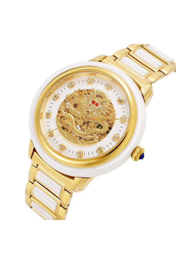 Luxury Dragon & Phoenix Couple Automatic Mechanical Watch, Natural Jade Wristwatch
