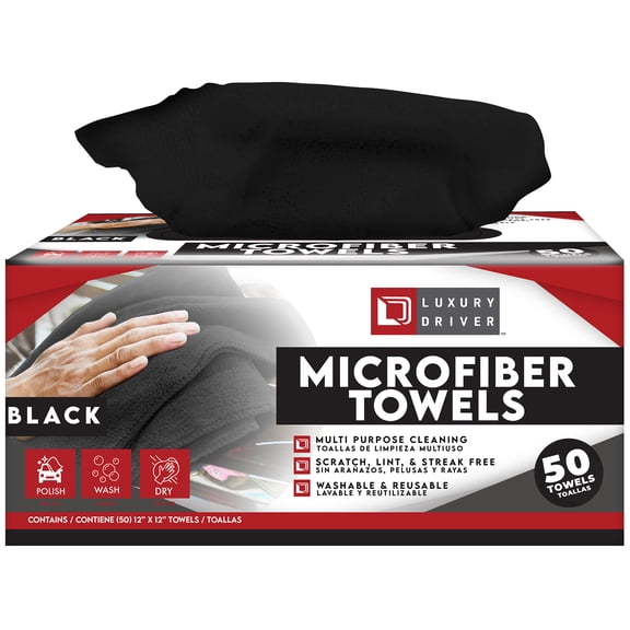 Luxury Driver: Microfiber Towel - 50 Count, Black -12" Auto Detailing Cloths, Pop-Up Dispense Box, 5X Absorbent, Car Interior Glass Dashboard Cleaning
