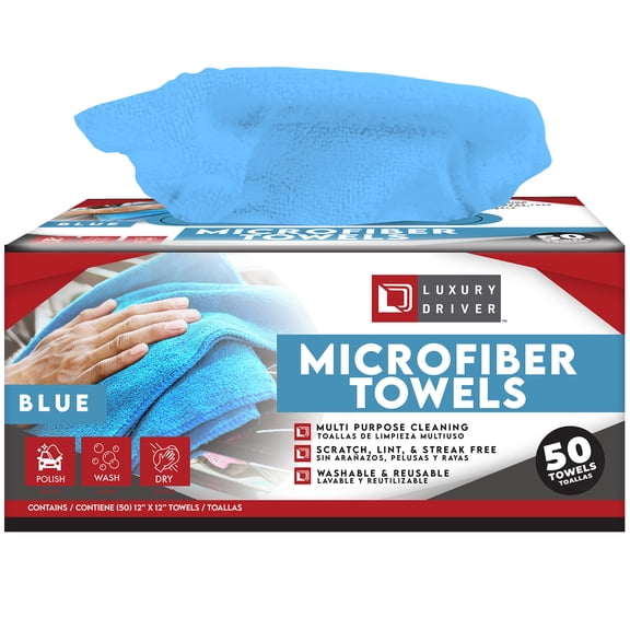 Luxury Driver: Microfiber Towel - 50 Count, Blue - 12" Auto Detailing Cloths, Pop-Up Dispense Box, 5X Absorbent, Car Interior Glass Dashboard Cleaning