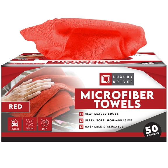 Luxury Driver: Microfiber Towel - 50 Count, Red - 12" Auto Detailing Cloths, Pop-Up Dispense Box, 5X Absorbent, Car Interior Glass Dashboard Cleaning