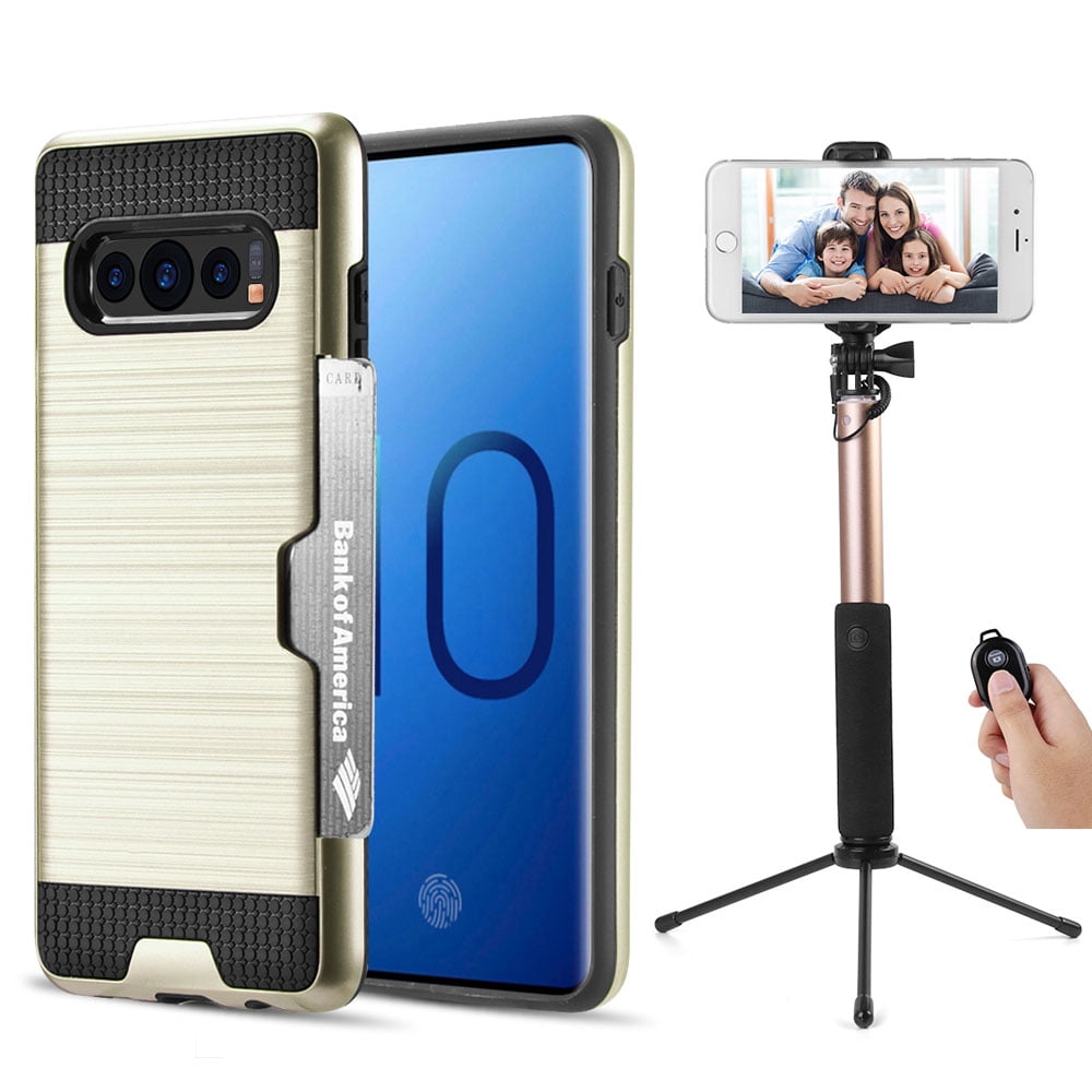 Luxury Dual Layer Hybrid Wallet Case for Galaxy S10 (Gold) w/ Credit Card ID Slot Holder & Selfie Stick Mini Tripod 2.0 - Ultra Lightweight w/ Button Covers, Shock Absorption, Raised Lip Guard