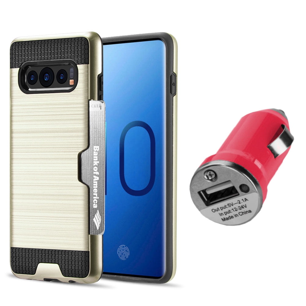 Luxury Dual Layer Hybrid Wallet Case for Galaxy S10 (Gold) w/ Credit Card ID Slot Holder & USB Car Charger Adapter - Ultra Lightweight w/ Button Covers, Shock Absorption, Raised Lip Guard