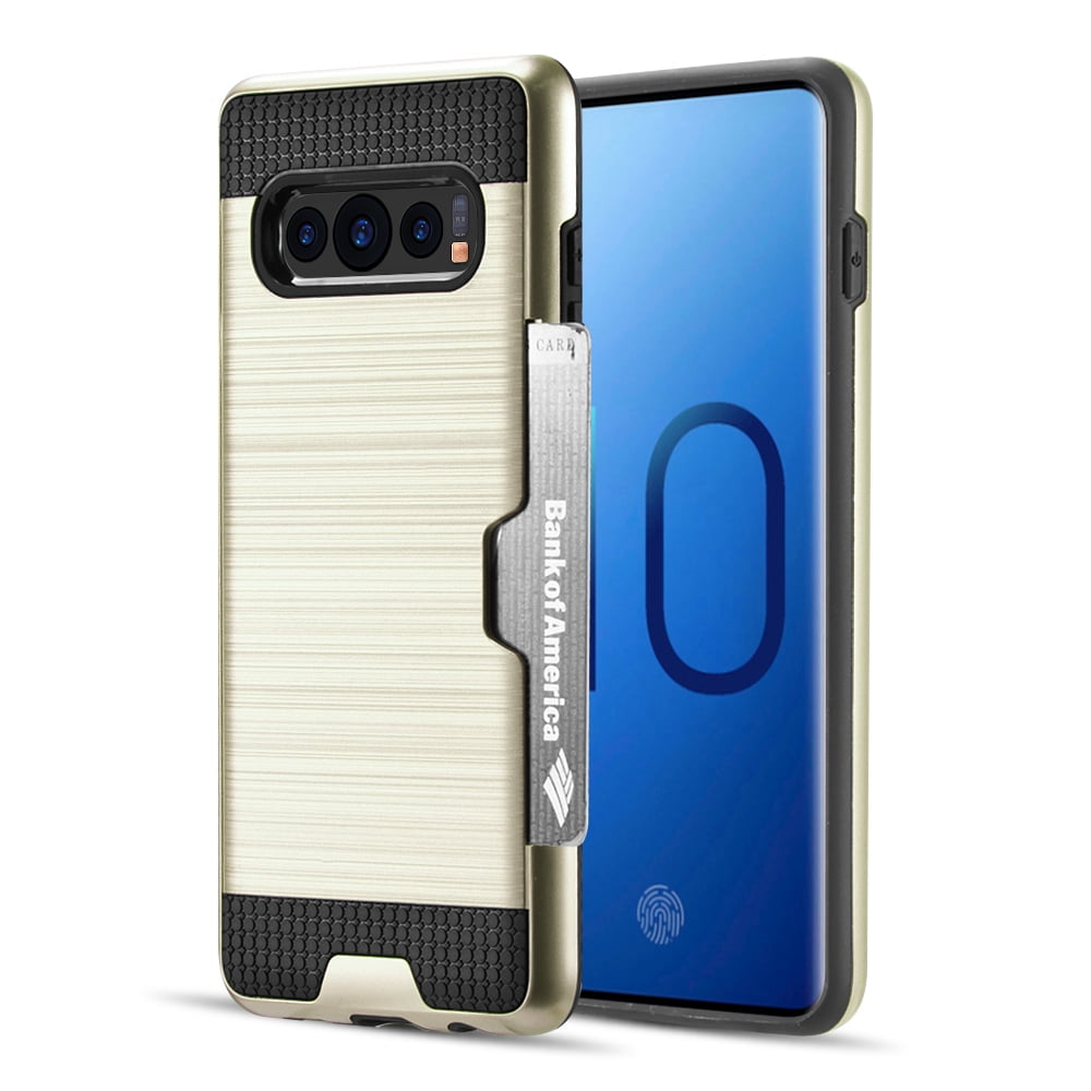 Luxury Dual Layer Hybrid Wallet Case for Galaxy S10 (Gold) w/ Credit Card ID Slot Holder - Ultra Lightweight Heavy Duty Armor Protector w/ Button Covers, Shock Absorption, Raised Lip Guard
