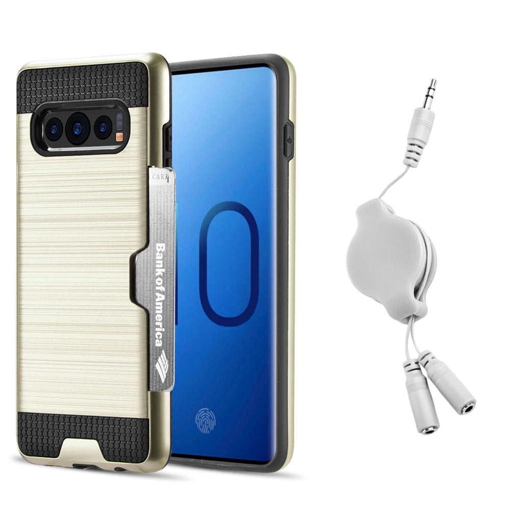 Luxury Dual Layer Hybrid Wallet Case for Galaxy S10 Plus (Gold) w/ Credit Card ID Slot Holder & Retractable 3.5mm Headphone Splitter Cable - Lightweight, Button Covers, Shock Absorption, Lip Guard