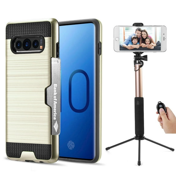 Luxury Dual Layer Hybrid Wallet Case for Galaxy S10 Plus (Gold) w/ Credit Card ID Slot Holder & Selfie Stick Mini Tripod 2.0 - Ultra Lightweight, Button Covers, Shock Absorption, Raised Lip Guard