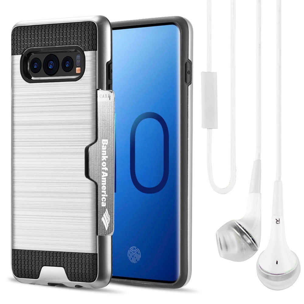 Luxury Dual Layer Hybrid Wallet Case for Galaxy S10 Plus (Silver) w/ Credit Card ID Slot Holder & Deluxe Stereo Hands-Free Headset -Ultra Lightweight, Button Covers, Shock Absorption, Raised Lip Guard