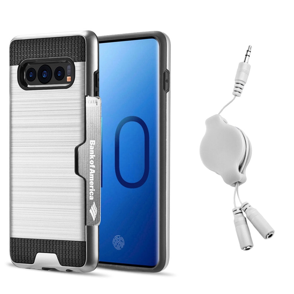 Luxury Dual Layer Hybrid Wallet Case for Galaxy S10 Plus (Silver) w/ Credit Card ID Slot Holder & Retractable 3.5mm Headphone Splitter Cable - Lightweight, Button Covers, Shock Absorption, Lip Guard