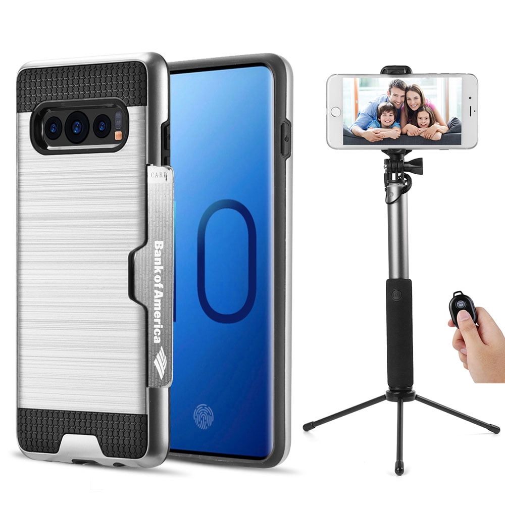 Luxury Dual Layer Hybrid Wallet Case for Galaxy S10 Plus (Silver) w/ Credit Card ID Slot Holder & Selfie Stick Mini Tripod 2.0 -Ultra Lightweight, Button Covers, Shock Absorption, Raised Lip Guard