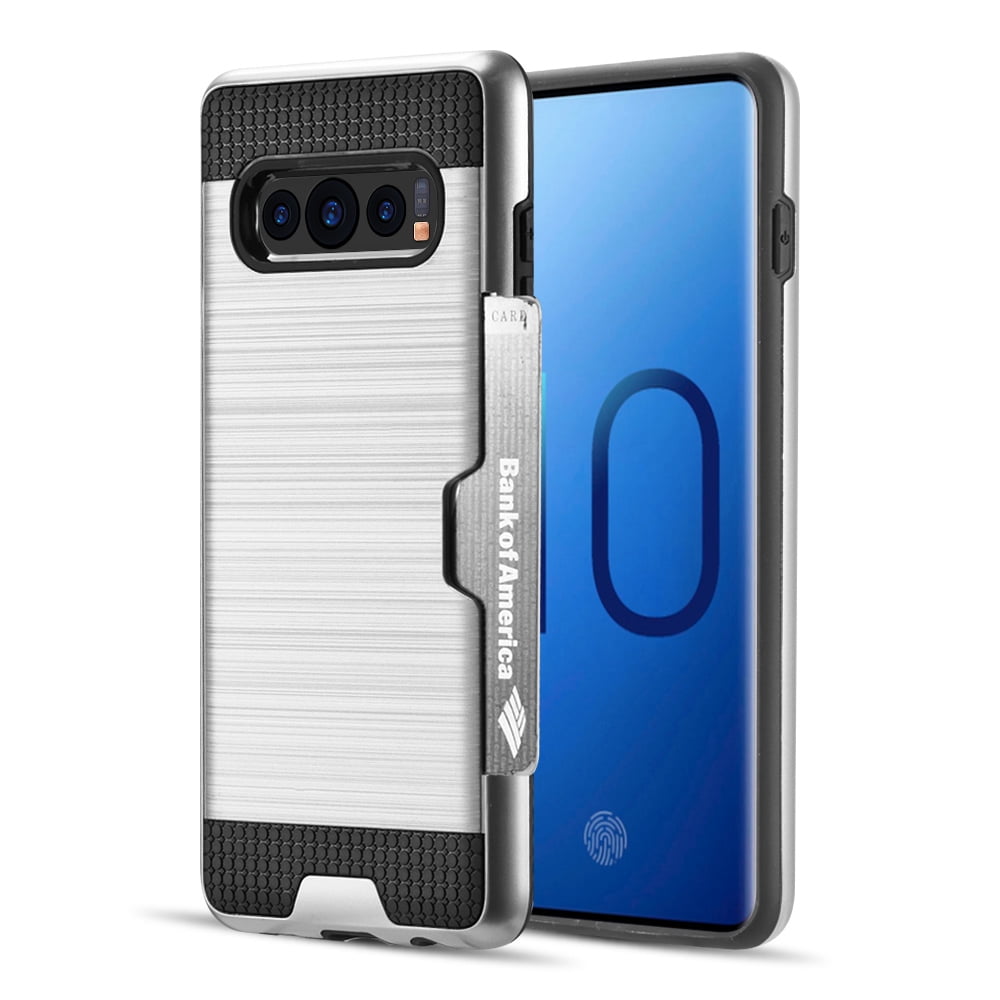 Luxury Dual Layer Hybrid Wallet Case for Galaxy S10 Plus (Silver) w/ Credit Card ID Slot Holder - Ultra Lightweight Heavy Duty Armor Protector w/ Button Covers, Shock Absorption, Raised Lip Guard