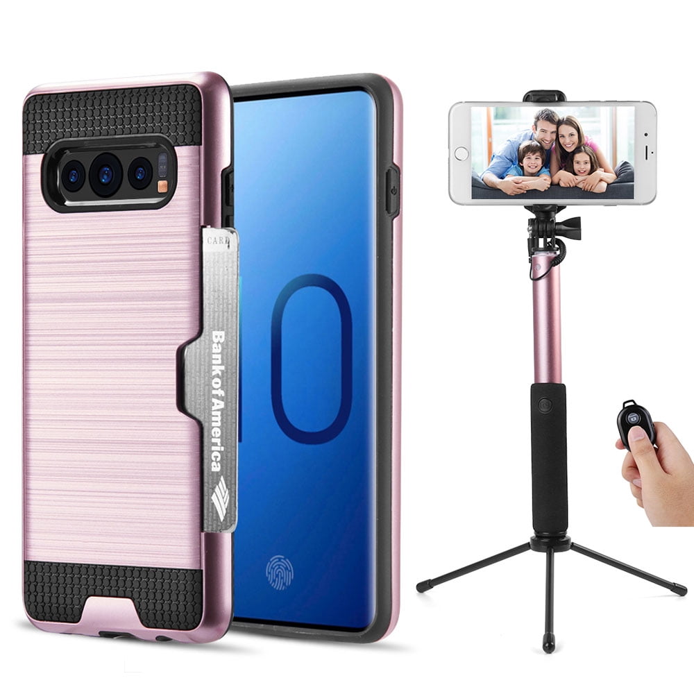 Luxury Dual Layer Hybrid Wallet Case for Galaxy S10 (Rose Gold) w/ Credit Card ID Slot Holder & Selfie Stick Mini Tripod 2.0 - Ultra Lightweight, Button Covers, Shock Absorption, Raised Lip Guard