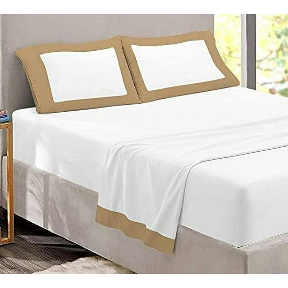 Luxury Dual Tone Sheet Sets of 4 Piece, 100% Egyptian Cotton 14" Deep Pockets, Two-Tone Color Long Staple Cotton Bedding Sets 400TC Soft & Breatheable - Taupe & White Solid, King Size.