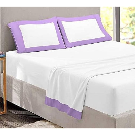Luxury Dual Tone Sheet Sets of 4 Piece, 100% Egyptian Cotton 24" Deep Pockets, Two-Tone Color Long Staple Cotton Bedding Sets 400TC Soft & Breatheable - Lavender & White Solid, Twin Size.