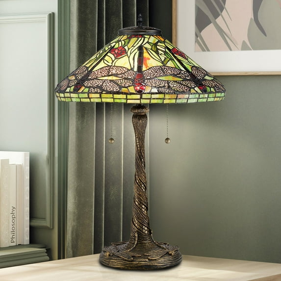 Luxury Eclectic Tiffany Table Lamp, Large Size: 23.5''H x 17.25''W, with Natural Style Elements, Architectural Bronze Finish, UQL7031 from the Pevensey Collection by Urban Ambiance