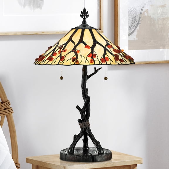 Luxury Eclectic Tiffany Table Lamp, Large Size: 25''H x 17''W, with Natural Style Elements, Valiant Bronze Finish, UQL7041 from the Kensington Collection by Urban Ambiance