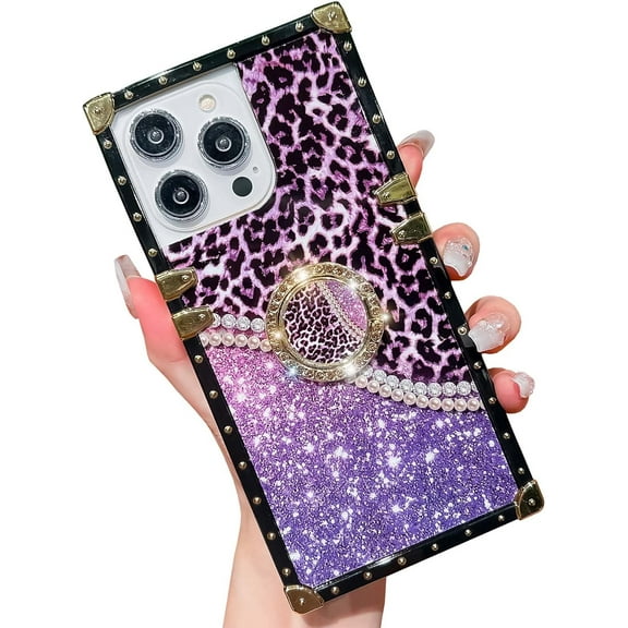 Luxury  Edge Compatible with iPhone 13 Pro Max Case, Diamond Kickstand Holder Leopard Pattern Soft TPU Mil-Grade Shockproof Protective Cases Cover for Girls Women(Purple)
