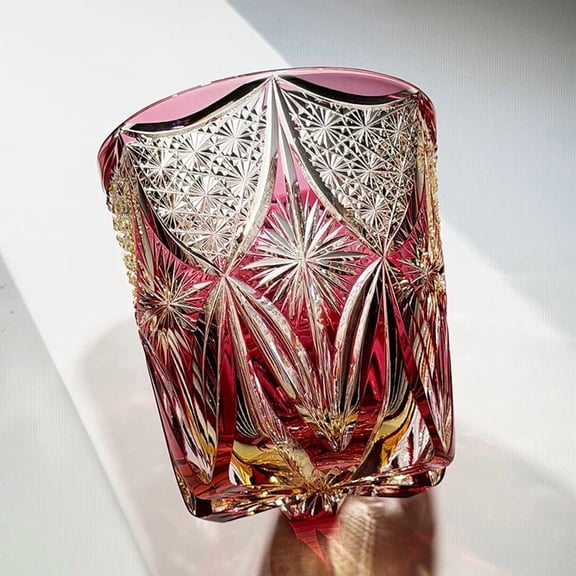 Luxury Edo Kiriko Style Red & Gold Cut Crystal Whiskey Glass, Handmade Japanese Artisan Old Fashioned Tumbler for Bourbon, Scotch, Cocktail Gifts for Men