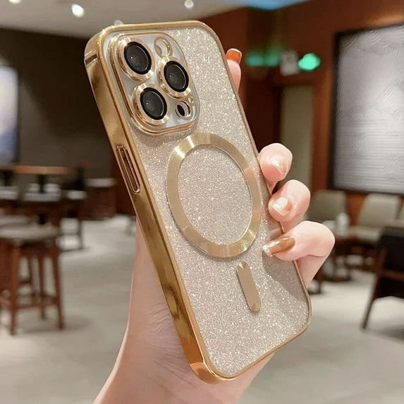 Luxury Electroplate Magsafe Wireless Charge Phone Case For iPhone 16 15 13 12 11 Pro Max 14 Plus Soft Bumper Glitter Cover Case Gold For iPhone 13