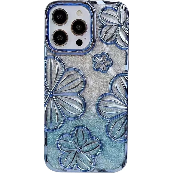 Luxury Electroplated Flower Glitter Transparent Silicone Shockproof Case for iPhone Compatible with iPhone 15, Blue