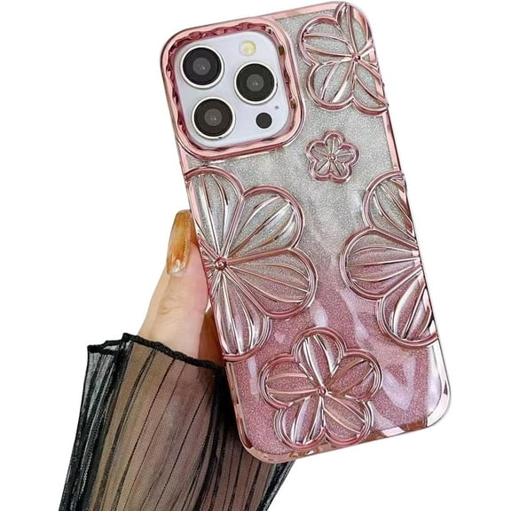 Luxury Electroplated Flower Glitter Transparent Silicone Shockproof Case for iPhone Compatible with iPhone 15 Pro Max, Pink