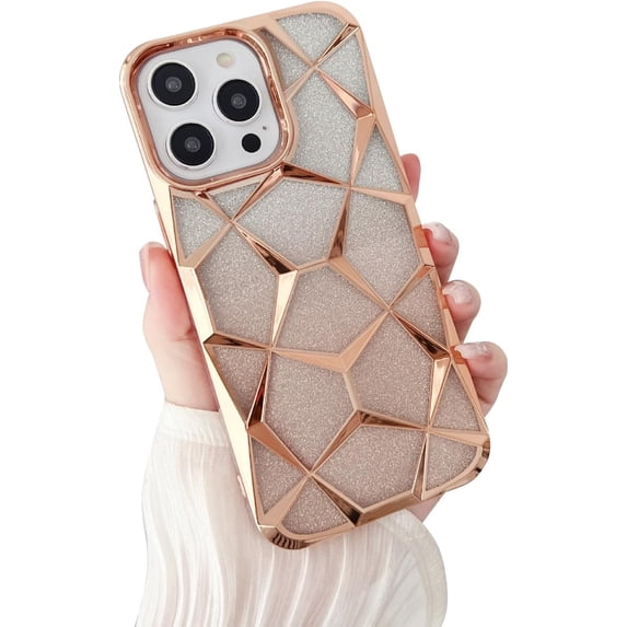 Luxury Electroplated Geometric Glitter Bling 3D Cube Diamond Soft Shockproof Case Compatible with iPhone 11 Pro Max, Glod