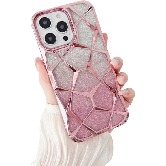Luxury Electroplated Geometric Glitter Bling 3D Cube Diamond Soft Shockproof Case Compatible with iPhone 12, Pink