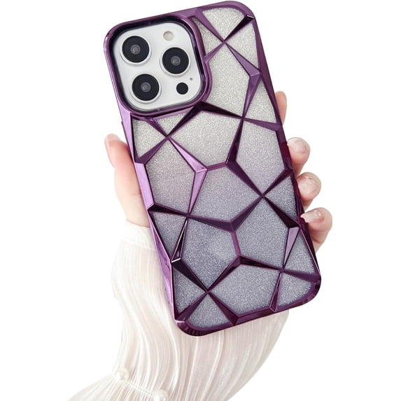 Luxury Electroplated Geometric Glitter Bling 3D Cube Diamond Soft Shockproof Case Compatible with iPhone 12 Pro, Purple