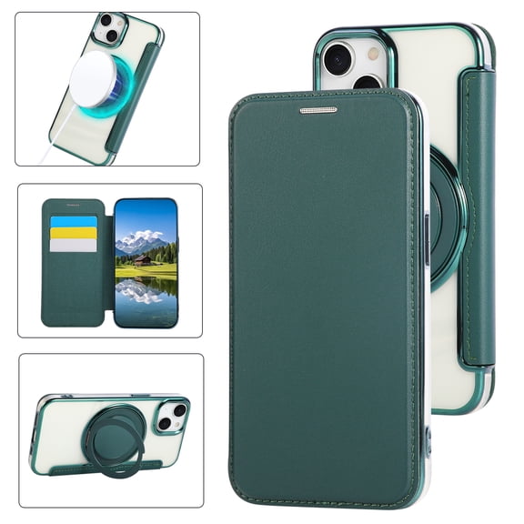 Luxury Electroplated Wallet Case for iPhone 15, PU Leather Front+Clear PC Back, 360° Rotating Ring Stand Flip Cover with RFID Blocking Card Slots, Compatible with MagSafe, Green