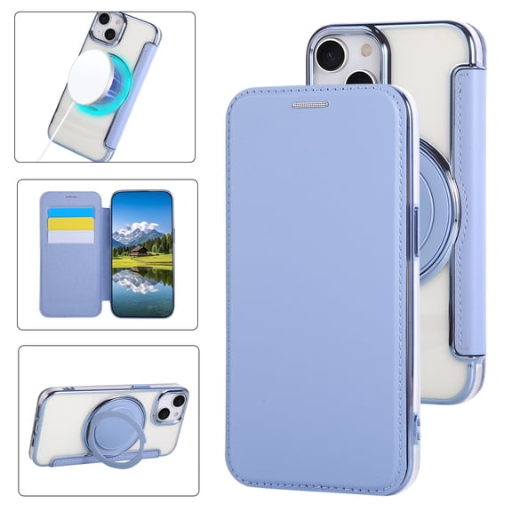Luxury Electroplated Wallet Case for iPhone 15, PU Leather Front+Clear PC Back, 360° Rotating Ring Stand Flip Cover with RFID Blocking Card Slots, Compatible with MagSafe, Blue