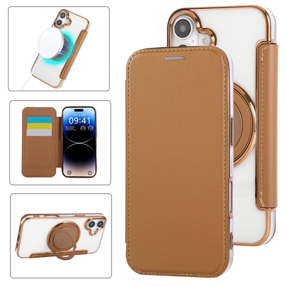 Luxury Electroplated Wallet Case for iPhone 17, PU Leather Front+Clear PC Back, 360° Rotating Ring Stand Flip Cover with RFID Blocking Card Slots, Compatible with MagSafe, Brown