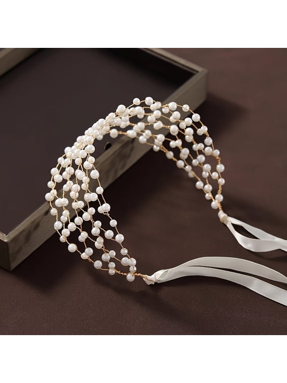 Luxury Elegant Faux Pearl Beaded Grid Headband Women Bridal Wedding Party Hair Band Jewelry Accessories