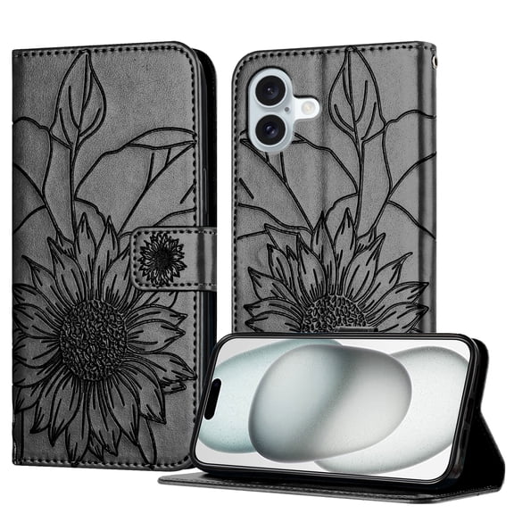 Luxury Embossed Floral Wallet Case for iPhone 16, PU Leather + TPU Flip Cover with Card Slots Kickstand Magnetic Closure Shockproof Full Body Protection for Women & Girls, Black
