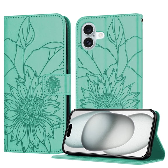 Luxury Embossed Floral Wallet Case for iPhone 16, PU Leather + TPU Flip Cover with Card Slots Kickstand Magnetic Closure Shockproof Full Body Protection for Women & Girls, Green